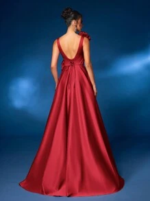 Glamrae 优雅奢华 V 领 3D 花卉装饰高开衩裙，带拖尾，正式晚礼服，舞会礼服，适合婚礼嘉宾、毕业典礼、晚宴派对礼服