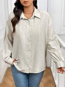 SHEIN Frenchy Plus Size Textured Long Sleeve Button Down Shirt For Women - Beige - View 5