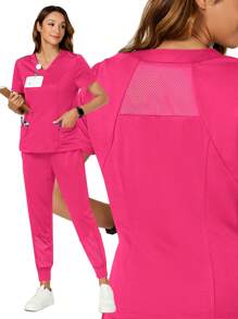 TaskEZ Solid Color Minimalist Daily V-Neck Short Sleeve Top & Pants Uniform Scrub Set - Hot Pink - View 1