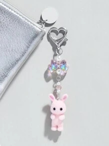 ROMWE Kawaii 3pcs/Set Pink Translucent Bow, White Faux Pearl, Grey/White/Pink Cute Rabbit Flocked Keychain Gift, Fashionable And Delicate Bag Charm, Suitable For Women's Daily Wear And Holidays Valentines