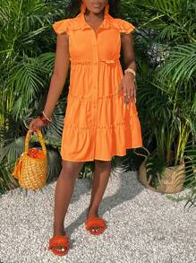 Slaydiva 休闲度假木耳短袖迷你黄色A字下摆短裙衬衫裙女装连衣裙 - 橘色 - 查看 6