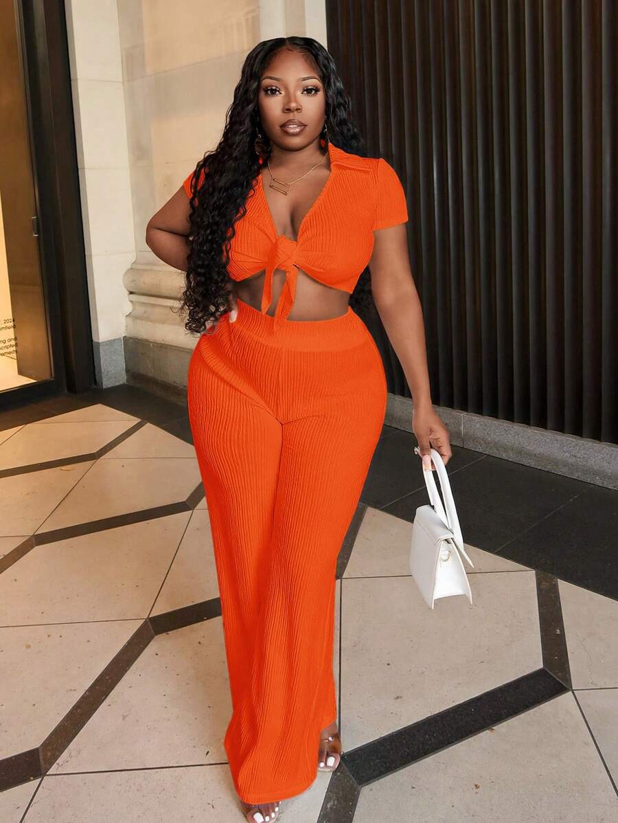 Slaydiva Ensemble de body à col polo décontracté et manches courtes avec nœud à l'avant et pantalon droit - B - Orange - Voir 1