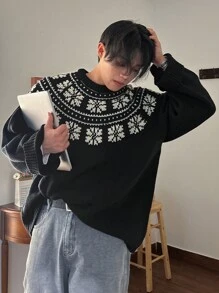 DAZY Men's Crew Neck Long Sleeve Casual Loose Pattern Patchwork Sweater, Autumn Christmas,New Year - Black - View 4