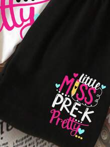 SHEIN Leap Crew 2pcs/Set Young Girl Casual Minimalist "Little Miss Pre-K Pretty" Print Round Neck Short Sleeve Top And Shorts Set, Cotton Blend, Suitable For Summer - Multicolor - View 6
