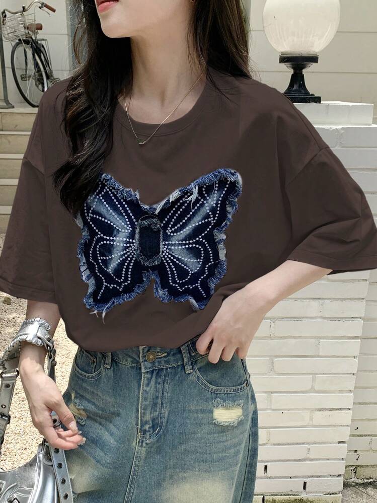 DAZY Women Butterfly Print Short Sleeve Round Neck T-Shirt, Summer Graphic Tee Oversized T-Shirt,Teacher Outfits - Coffee Brown - View 3