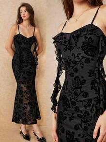 SHEIN Frenchy Women Clothes,Summer Women Dress, Women Dresses ,Evening Dress, Women Black Ruffle Tassel Elegant Velvet Jacquard Dress, Prom Dress, Homing Coming Party Dress, Halloween Outfit, Semi Sheer Long Dress, Fall Clothes - Black - View 1