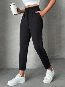 EURMUSE Petite Pants With Drawstring, Slanted Pockets - Black - View 4