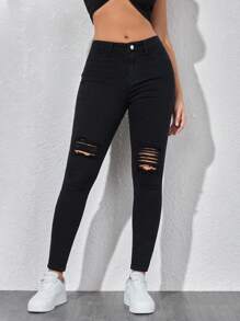 SHEIN ICON Front Button Closure Multi-Pocket Distressed Slim Fit Casual Denim Jeans Y2k - Black - View 6