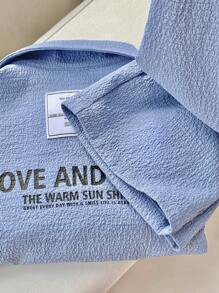 SHEIN 2 件装男婴休闲字母印花领衬衫和直筒裤套装，雾蓝色，秋季 - 霧霾藍 - 查看 8