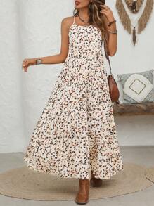 SHEIN VCAY Women's High Slit Pleated Vacation Floral Print Spaghetti Strap Backless Dress - Multicolor - View 4