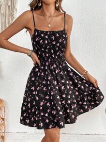 SHEIN VCAY 女士 Ditsy Floral 简约吊带裙 - 黑色 - 查看 6