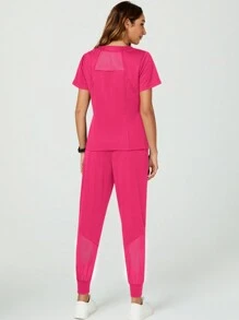 TaskEZ Solid Color Minimalist Daily V-Neck Short Sleeve Top & Pants Uniform Scrub Set - Hot Pink - View 5
