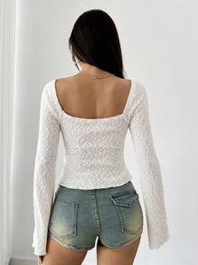 SHEIN Unity Áo thun nữ dài tay xẻ tà cổ điển gợi cảm màu trắng kiểu Pháp - Màu be - Xem 2