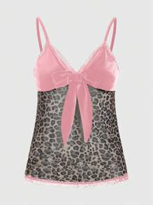 ROMWE J-Fashion Top de camisa con nudo, de patchwork estampado de leopardo, de moda, para verano