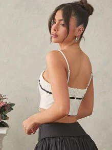 L'Amorae Women's Leather Top With Lace And Bow