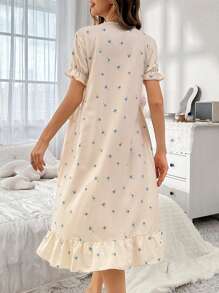 Women's Floral V-Neck Ruffle Splice Puff Sleeve Nightgown Babydoll Perfect Summer, Moo Moo Sleep Dress - Apricot - View 2