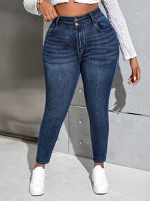 SHEIN PETITE CURVE Quần Jeans Denim Ôm Vừa Cổ Điển Thường Ngày Size Lớn - Màu xanh lam - Xem 4
