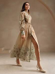 Anewsta 女式花卉印花雪纺连衣裙，法式长款女装 - 咖啡 - 查看 4