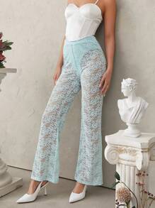 L'Amorae Lace Sheer High Waist Pants - Blue - View 1
