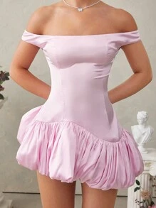 SHEIN Unity Elegant Solid Off Shoulder Bubble Hem Mini Dress - Baby Pink - View 5
