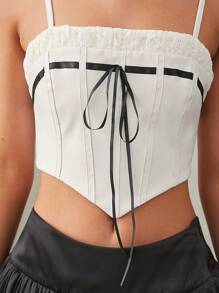 L'Amorae Women's Leather Top With Lace And Bow