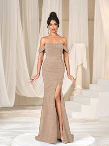 Faeriesty Vestido formal de fiesta con hombros descubiertos, abertura alta y bajo de sirena brillante - Champán - Ver 7