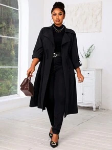 SHEIN Lady Autumn And Winter Casual Black Woven Waterfall Button Front Midi  Plus Size Trench Coats Women Coats Going Out Outfits - Black - View 5