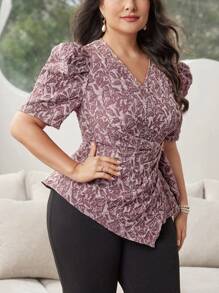 Modelyn Plus Size Cross-Wrap Short Sleeve Shirt For Summer - Pink - View 3