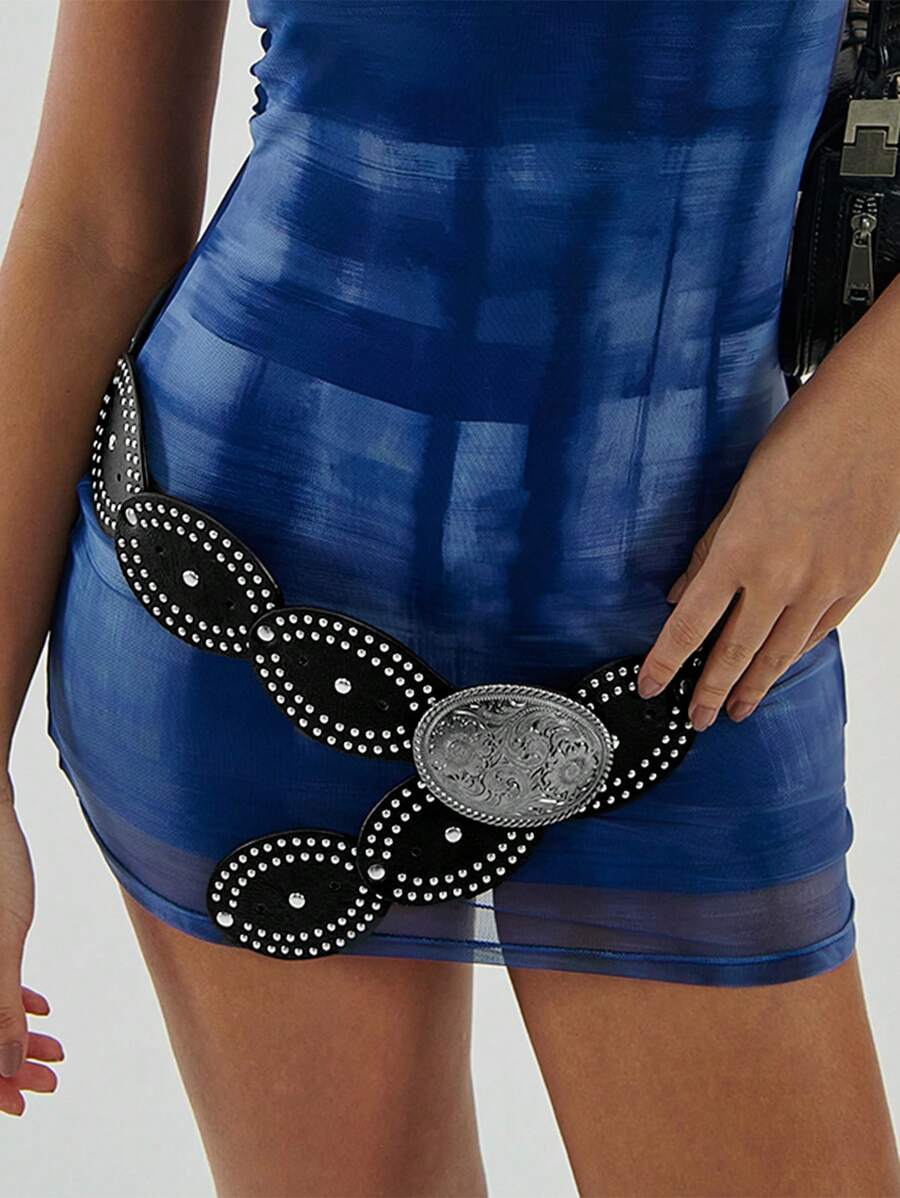 Aloruh 1 件女士复古可爱铆钉腰带，适合休闲、音乐会/节日 - 黑色 - 查看 1