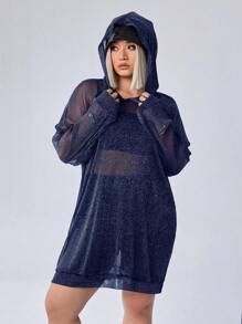 SHEIN EZwear CURVE Áo hoodie dài tay thường ngày Y2K cỡ lớn cho nữ mặc thường ngày - Xanh đậm - Xem 1