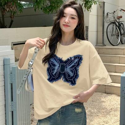 여성용 나비 프린트 라운드 넥 반팔 티셔츠, 여름 그래픽 오버사이즈 티셔츠, 교사 의상