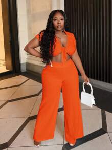 Slaydiva Ensemble de body à col polo décontracté et manches courtes avec nœud à l'avant et pantalon droit - B - Orange - Voir 5