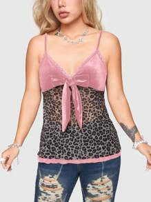ROMWE J-Fashion Top de camisa con nudo, de patchwork estampado de leopardo, de moda, para verano