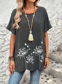 SHEIN LUNE Áo sơ mi nữ tay ngắn dáng rộng vừa vặn thoải mái thời trang có đường viền cổ tròn và in hình - Xám - Xem 4