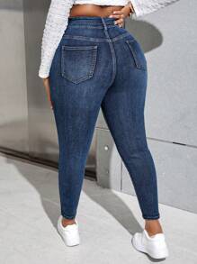 SHEIN PETITE CURVE Quần Jeans Denim Ôm Vừa Cổ Điển Thường Ngày Size Lớn - Màu xanh lam - Xem 5