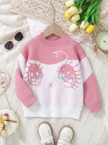 Girls' Cute Cartoon Eye Pattern Pink Pullover Sweater - Pink - View 1