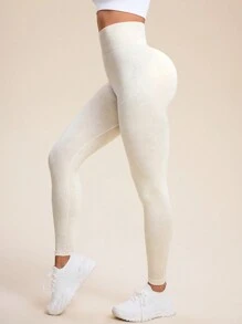 Easithlete 女式高腰无缝拉绒渐变染色弹力运动紧身裤瑜伽裤 - 卡其色 - 查看 6