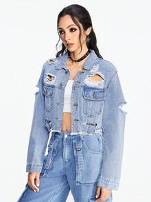 ROMWE Grunge Punk Women's Distressed Denim Cropped Jacket - Light Wash - View 5