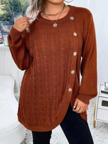 SHEIN LUNE Plus Size Solid Color Button-Front Knit Sweater, Autumn/Winter Knit Pullover Fall - Redwood - View 5