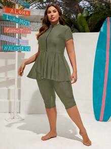 Swim Mulvari Plus Size Women's Solid Simple Casual Short Sleeve Burkini - Army Green - View 4