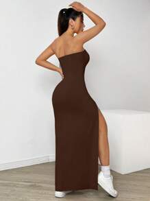 SHEIN EZwear Vestido elegante de diseño minimalista de color liso, sin tirantes y sin espalda con abertura para mujer