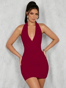 Glamine Solid Color Halter Backless Pleated Sleeveless Bodycon Dress Burgundy Color Women Outfit - Burgundy - View 3