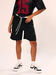 MUSERA Drawstring Waist Band Oversized Shorts Y2K Summer Vacation Airport Chic Elegant - Black - View 1