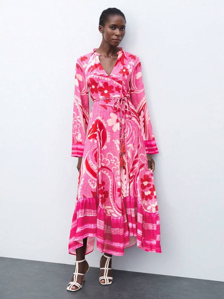 SHEIN Maija 2026 Spring & Summer Outfits Women V-Neck Random Print Long Sleeve Dress,Fabric Waistband, Slim-Fit A-Line Silhouette, Rose Red Printed Hem,Long Summer Dress For Women,Valentine Dress,Vacation Outfits Women, Floral Dress For Women
