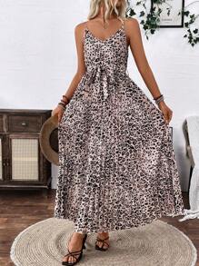 Breezaya Leopard Print Cinched Waist Pleated Cami Dress - Multicolor - View 6