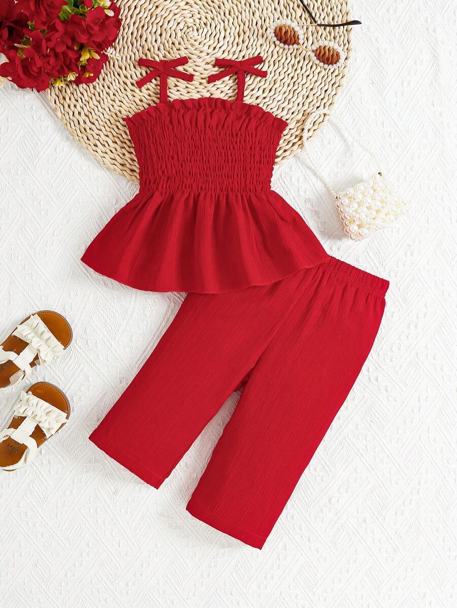 SHEIN 女婴纯色荷叶边下摆吊带背心和休闲梭织裤套装 - 紅色 - 查看 1
