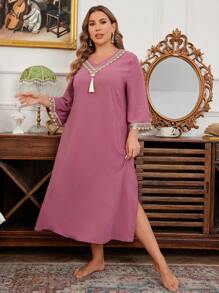 Plus Size Women's Elegant Colorful Sequin Floral Splice Fringe Flare Sleeve Nightgown - Mauve Purple - View 5
