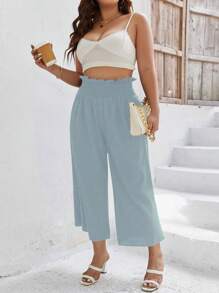 Calvaya Plus Size Pleated Waist Straight Leg Casual Solid Color Comfortable & Fashionable Pants - Dusty Blue - View 1
