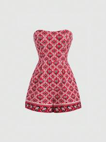 SHEIN Unity Bộ áo liền quần quây in họa tiết phong cách cổ điển dành cho nữ - Đỏ - Xem 3