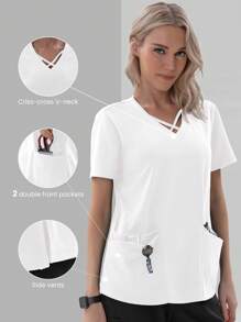 TaskEZ Women Scrub Uniforms Top 4-Pocket Crisscross Scrub Uniform Top